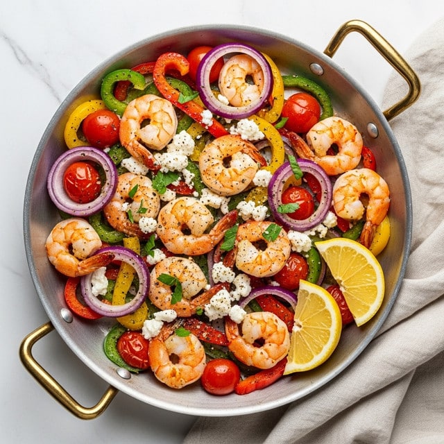 A metal pan filled with cooked shrimp that are pink and slightly charred, mixed with sliced red, yellow, and green bell peppers, and thinly sliced purple onions. Small red cherry tomatoes are scattered throughout, along with white crumbled cheese sprinkled on top. Fresh green chopped herbs are spread across the dish, and two lemon wedges sit on one side near the edge of the pan. The pan rests on a white marbled surface with a beige cloth nearby. photo taken with an iphone --ar 4:5 --v 7