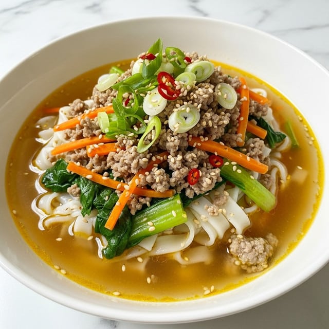 A white bowl filled with a layered soup starts with a golden, translucent broth at the bottom. On top, there are soft, white and slightly translucent noodles mixed with light brown cooked ground meat. Mixed in are thin strips of bright orange carrots and bits of green leafy vegetables. The soup is garnished with fresh, sliced green onions and sprinkled with white sesame seeds and tiny red chili flakes. The dish sits on a white marbled surface. photo taken with an iphone --ar 4:5 --v 7