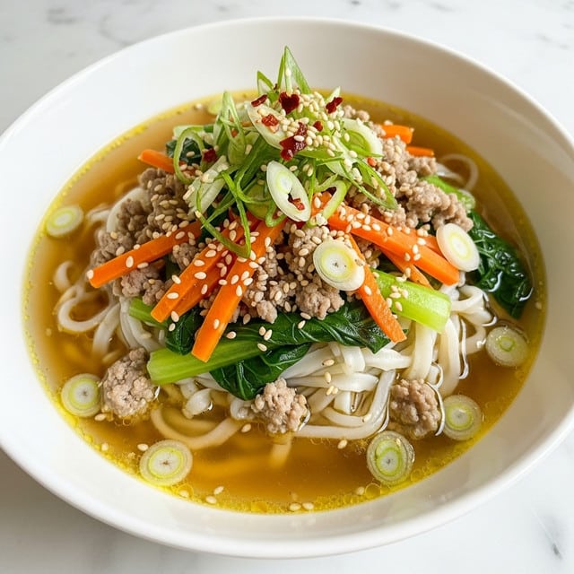 A white bowl filled with a clear broth soup that has visible oil droplets on top. The soup has three main layers: the bottom is light yellow broth, the middle has soft, shredded white cabbage and thin orange carrot sticks, and the top layer contains cooked ground meat pieces mixed with sliced green onions and sprinkled white sesame seeds. Some small red chili flakes are scattered around, adding color contrast. The bowl sits on a white marbled texture surface. photo taken with an iphone --ar 4:5 --v 7