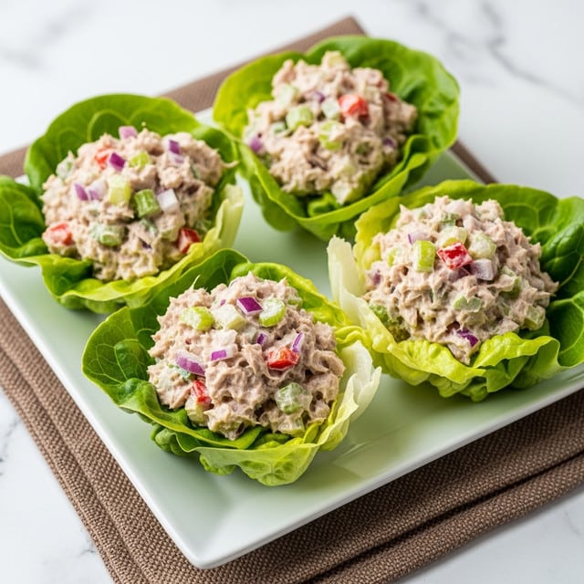 The image shows four lettuce wraps neatly placed on a white rectangular plate, which sits on a white marbled surface with a brown woven cloth underneath. Each wrap has a crispy, bright green lettuce leaf as the base, folded to create a small bowl shape filled with a creamy mixture of shredded light beige chicken, small pieces of green celery, red bell pepper, and purple onion, adding a mix of color and texture. The lettuce looks fresh and slightly shiny, while the filling appears moist and chunky. The wraps are arranged closely together with one in the foreground and the others slightly blurred in the background, emphasizing depth. photo taken with an iphone --ar 4:5 --v 7