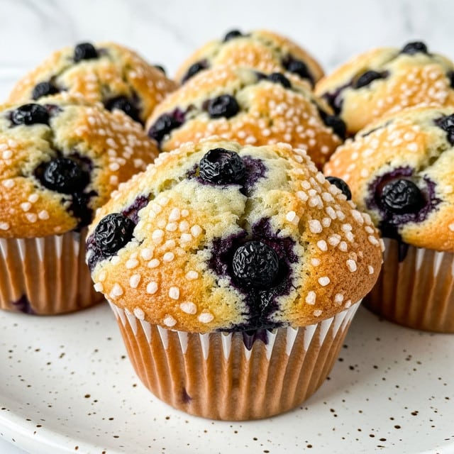 A close-up of several golden brown blueberry muffins with a sugar-crystal topping. The muffins have a soft, slightly bumpy top layer scattered with dark purple blueberries that burst through the surface. The base of each muffin is wrapped in a ridged light brown paper liner. They are arranged closely together on a white plate with small brown speckles, against a white marbled texture background. Photo taken with an iphone --ar 4:5 --v 7