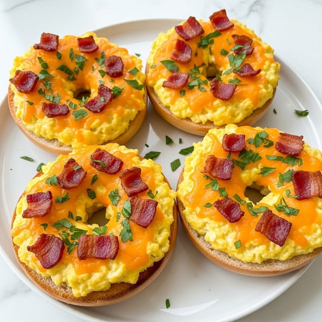 The image shows four toasted bagel halves on a white plate with a white marbled surface underneath. Each bagel half is topped with a thick, creamy layer of scrambled egg mixed with melted orange cheddar cheese. Crispy, small bacon pieces are scattered on top, adding a reddish-brown contrast. Fresh chopped green herbs, likely parsley or chives, are sprinkled over the cheese and bacon, giving a fresh green touch. The bagels have a golden-brown exterior, and the egg-cheese layer is slightly browned from baking. photo taken with an iphone --ar 4:5 --v 7