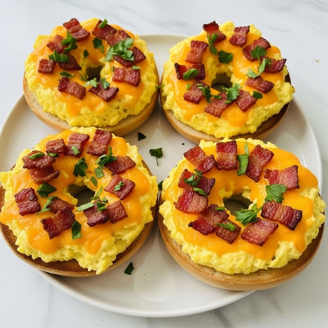 The image shows four toasted bagel halves neatly arranged on a white plate with a white marbled texture background. Each bagel is thickly spread with a creamy layer of a light-colored cheese mix, topped with a golden-brown melted cheddar cheese layer that covers the surface unevenly with crisp edges. Scattered on top are small pieces of crispy bacon and sprinkled finely chopped green herbs, adding pops of red and green colors. The bagels' toasted outer crust is golden brown and slightly shiny, giving a fresh and warm look. photo taken with an iphone --ar 4:5 --v 7
