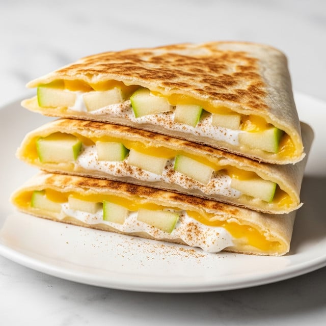 Three triangular quesadilla slices are stacked on a white plate, each showing layers of lightly toasted, golden-brown tortilla. Inside, there is a mix of melted yellow cheese, creamy white sauce, and pieces of green apple with a sprinkle of cinnamon on top. The quesadilla’s surface has a slightly crispy texture with some darker browned spots. The background is a white marbled texture with a soft and neutral tone. photo taken with an iphone --ar 4:5 --v 7