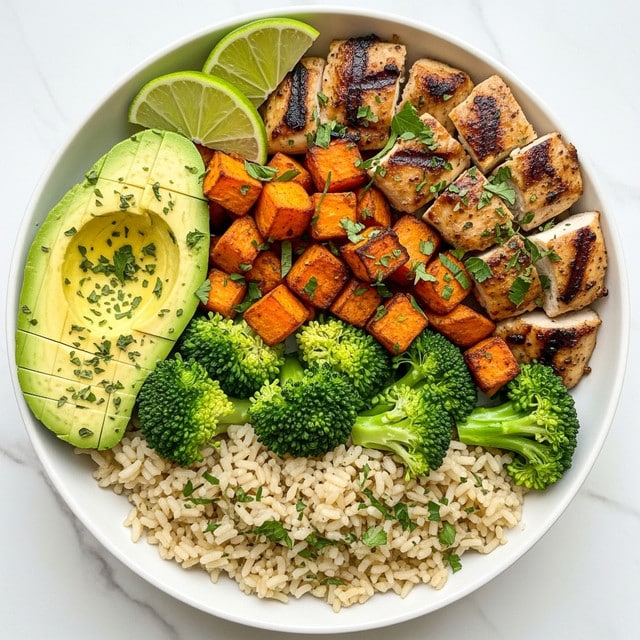 A white bowl filled with five distinct layers: at the bottom, light brown cooked rice sprinkled with green herbs; next to it, bright green steamed broccoli florets with a slightly rough texture; above the rice, small cubes of roasted orange sweet potatoes garnished with green herbs; next to the sweet potatoes, golden brown grilled chicken pieces with char marks and green herb sprinkles; on the side, half of a sliced avocado showing light green smooth flesh with small cuts, topped with herbs, and two thin lime slices resting partially on the chicken and sweet potatoes. The bowl sits on a white marbled surface. photo taken with an iphone --ar 4:5 --v 7