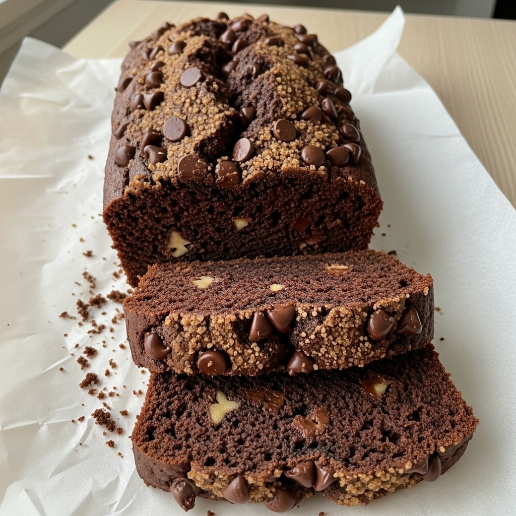 A dark chocolate loaf cake sits on white parchment paper over a light wooden surface, with two thick slices cut and laid flat in front. The cake has a rich, moist texture with small visible chunks of chocolate and nuts inside. The top layer is cracked and slightly uneven, sprinkled with coarse brown sugar and large chocolate chips, adding a rough, crunchy appearance. The scene is softly lit by natural light from a nearby window, highlighting the deep browns and textures of the cake. Photo taken with an iphone --ar 4:5 --v 7