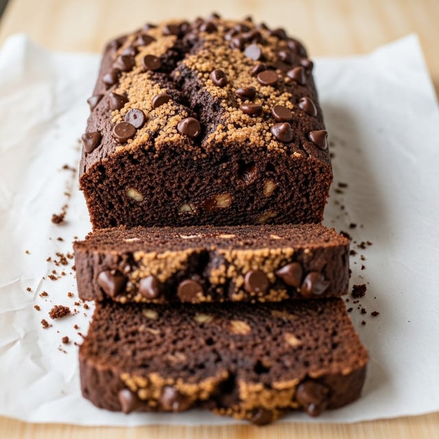 A dark chocolate loaf cake sits on white baking paper over a wooden board, partially sliced with two thick, moist pieces in front. The cake has a rich, dense texture with visible chunks of melted chocolate and nuts inside. The top is cracked and sprinkled with chocolate chips and golden sugar crystals, giving a rough, crunchy look. The background is a soft natural light from a window, with a white marbled texture beneath the board and a white cloth nearby. photo taken with an iphone --ar 4:5 --v 7