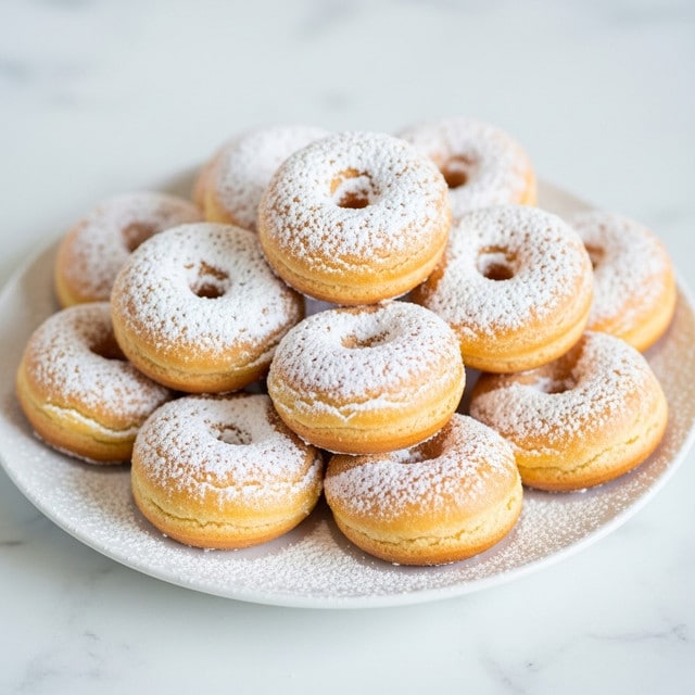 A white plate full of small, golden brown mini donuts stacked loosely in layers, with a light dusting of white powdered sugar scattered on top of each donut, giving a soft texture contrast, placed on a white marbled surface. photo taken with an iphone --ar 4:5 --v 7