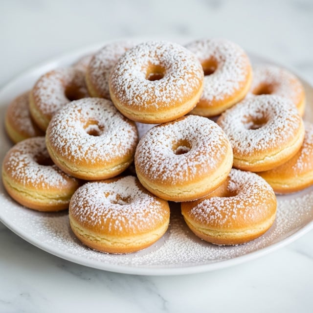 The image shows a white plate full of small, round donuts with holes in the middle, stacked in layers. Each donut is golden brown with a soft texture and is topped with a light dusting of white powdered sugar. The powdered sugar is unevenly spread, creating a delicate contrast against the warm color of the donuts. The background is a white marbled texture that adds a clean and simple look to the image. photo taken with an iphone --ar 4:5 --v 7