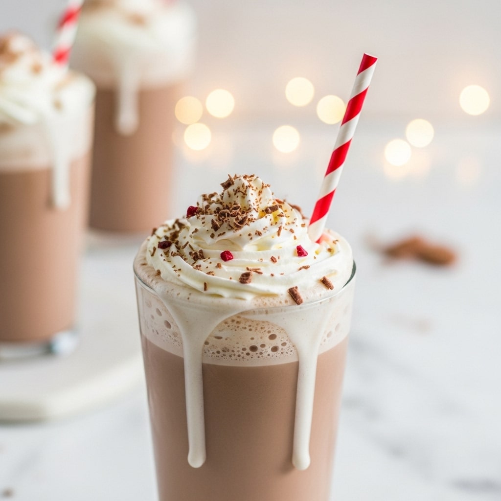 The image shows a tall, clear glass filled with a rich light brown creamy drink, likely hot chocolate, with thick white whipped cream on top that drips slightly down the sides. The whipped cream is sprinkled with light brown chocolate shavings and small red bits, adding texture and color contrast. A red and white striped straw stands upright in the glass. In the soft-focus background, two more similar glasses can be seen on a white marbled surface, with warm bokeh lights creating a cozy atmosphere. Photo taken with an iphone --ar 4:5 --v 7