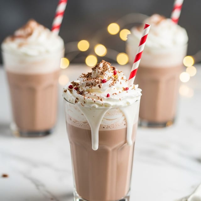 A clear glass filled with three layers: a bottom layer of smooth light brown chocolate drink, a thick top layer of white whipped cream overflowing slightly on the sides, and sprinkled finely with dark chocolate shavings and small red toppings. A red and white striped straw stands upright in the cream. The glass is on a white marbled surface with soft bokeh lights in the blurry background, and two similar glasses are visible behind it. photo taken with an iphone --ar 4:5 --v 7