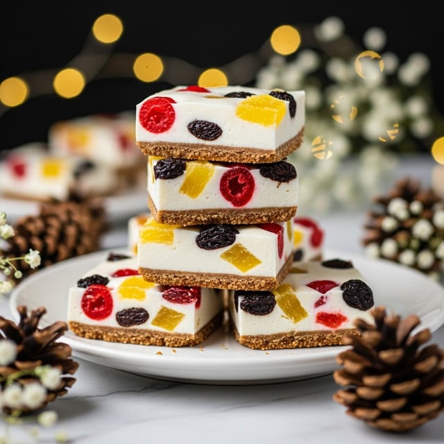 The image shows a stack of four square white dessert bars on a white plate. Each bar has a thick white layer packed with colorful dried fruit pieces like red cherries, yellow pineapple, and dark raisins, all embedded in a smooth white base. Underneath this fruit-packed layer is a thin, rich brown crust with a crumbly texture. The stack sits on a white marbled surface, surrounded by pinecones and small white flowers in soft focus, with warm blurred lights in the dark background. photo taken with an iphone --ar 4:5 --v 7