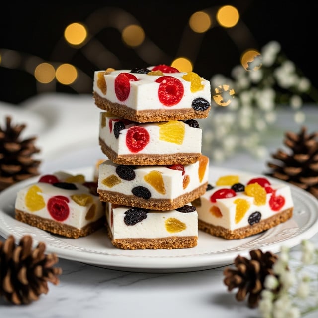 A stack of four square fruit and nut bars is neatly arranged on a white plate. Each bar has two main layers: the top layer is a creamy white color embedded with visible pieces of red and dark dried fruits, while the bottom layer is golden brown and textured with various nuts and grains. The bars are cut cleanly, showing the contrast between the smooth white layer and the crunchy nut layer. The background is a white marbled surface with blurred pine cones and white flowers, giving a cozy and festive feeling. Photo taken with an iphone --ar 4:5 --v 7