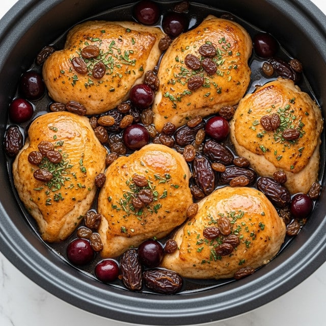The dish shows six pieces of cooked chicken, golden brown and shiny from a sauce, arranged close together in a black cooking pot. The chicken is covered with small green herb sprinkles, and scattered around are dark cherries and light golden raisins, adding pops of dark red and yellow. The sauce around the chicken is dark and glossy, thick enough to hold the fruits and herbs in place. The surface under the pot is a white marbled texture. photo taken with an iphone --ar 4:5 --v 7