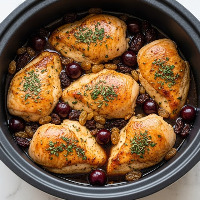 The image shows a close-up of six pieces of golden-brown chicken thighs cooked in a black dish. The chicken is topped with small bits of green herbs sprinkled over the surface, adding a fresh touch. Between the chicken pieces are dark brown dried fruits and small yellow chunks, likely cooked onions or garlic, sitting in a shiny brown sauce that covers the bottom of the dish. The texture of the chicken skin looks crispy and well roasted with some caramelized spots, while the sauce appears thick and glossy. The background is a white marbled texture. Photo taken with an iphone --ar 4:5 --v 7