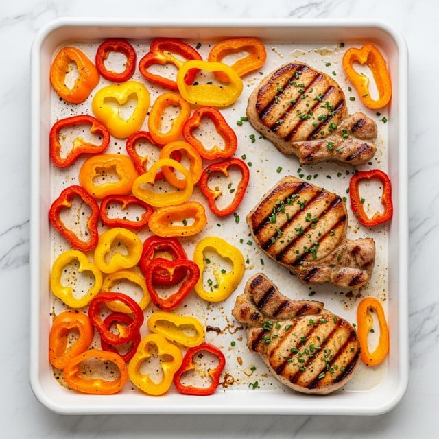 The image shows a white baking tray filled with grilled pork chops and colorful bell pepper rings. There are three pork chops placed on the right side, each grilled with visible marks and sprinkled with green herbs. On the left side, there are bright red, orange, and yellow bell pepper rings spread out evenly. The background surface has a white marbled texture. The photo taken with an iphone --ar 4:5 --v 7