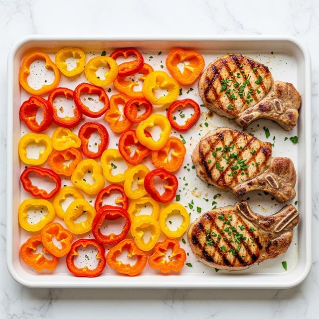 The image shows a white baking tray filled with grilled pork chops and sliced bell peppers. The tray has three grilled pork chops in the front, browned with char lines and sprinkled with green herbs and coarse salt. Behind the pork chops, there are sliced red, orange, and yellow bell peppers arranged in a scattered way, also sprinkled with herbs. The white marbled surface is visible around the tray. The colors contrast well with the light brown meat and bright peppers, giving a fresh and tasty look. Photo taken with an iphone --ar 4:5 --v 7