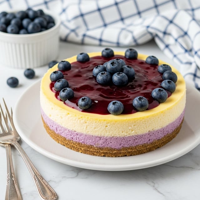 The image shows a round cheesecake with three clear layers: a crumbly light brown crust at the bottom, a thick creamy off-white middle layer, and a shiny deep purple-blue topping covered with fresh blueberries. The blueberry topping is slightly dripping down the sides of the cheesecake, adding a glossy texture. The cheesecake is placed on a white plate resting on a rustic wooden surface with a fork beside it. Photo taken with an iphone --ar 4:5 --v 7