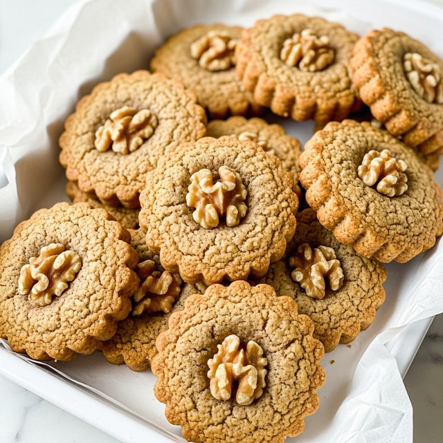A close-up view of a pile of round, golden-brown cookies with scalloped edges, each cookie showing a slightly grainy texture with tiny darker specks throughout, arranged on white baking paper inside a metal tray. Some whole walnut halves peek out from under the cookies, adding a darker brown, textured contrast. The background is a white marbled surface. photo taken with an iphone --ar 4:5 --v 7
