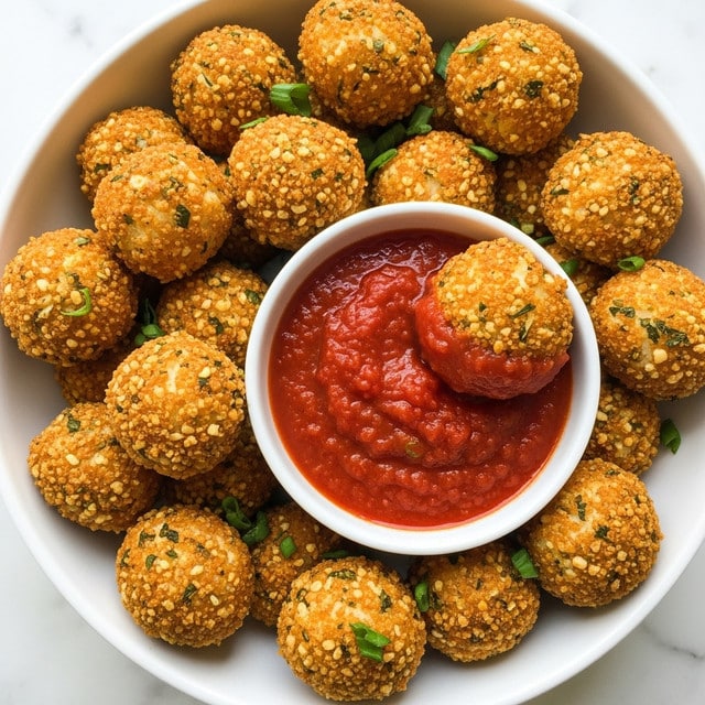 The image shows a white bowl filled with many small, round cauliflower bites that are golden brown and crispy on the outside. The bites have a textured, crunchy crust with some green herb bits visible. Inside the bowl, there is a smaller white dipping cup placed on one side, filled with a thick, red marinara sauce with a slightly rough surface. One cauliflower bite is dipped into the sauce, resting on the edge of the smaller cup. The bowl is set on a white marbled surface, and the colors mainly focus on the warm golden cauliflower and bright red sauce, with some green garnish. Photo taken with an iphone --ar 4:5 --v 7