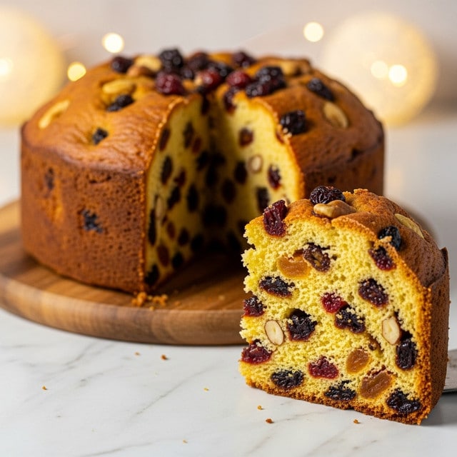 The image shows a close-up of a single thick slice of fruit cake resting on a wooden board with the rest of the cake behind it. The fruit cake has a golden-brown crust and a dense, textured inside filled with small pieces of dark raisins, nuts, and other candied fruits scattered evenly throughout. The top of the cake is glazed with a shiny caramel-like coating and sprinkled with small walnut pieces and pecans. The background is softly blurred with warm yellow bokeh lights adding a cozy feel, and the surface beneath the cake is a white marbled texture. photo taken with an iphone --ar 4:5 --v 7