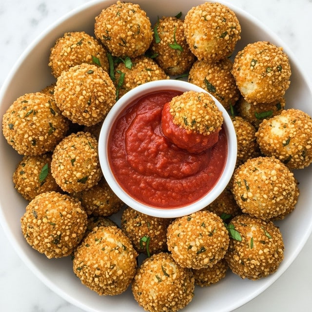 A light pink round plate holds a pile of golden brown, crispy, small cauliflower bites with a rough texture from the breading evenly coating each piece. A white small bowl placed on the right side of the plate contains thick, red marinara sauce with visible tomato and herb pieces. One cauliflower bite is dipped halfway into the sauce, resting on the bowl’s edge. Small green basil leaves are scattered among the cauliflower bites. The plate sits on a white marbled surface with a soft, bright background. photo taken with an iphone --ar 4:5 --v 7