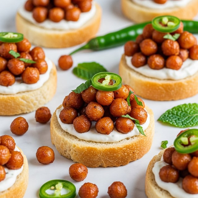 The image shows several small round slices of toasted bread as the base layer, each topped with a creamy white spread. On top of the spread, there is a generous mound of crispy, golden-brown chickpeas. Some of the chickpea piles are garnished with small green mint leaves or slices of green chili pepper, adding a fresh contrast to the warm tones of the chickpeas. The toasts are placed on a white marbled surface with scattered chickpeas and mint leaves around them. The texture of the bread looks soft inside with a lightly toasted crust. photo taken with an iphone --ar 4:5 --v 7