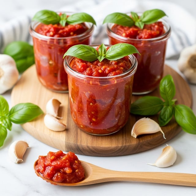 Three clear glass jars filled with thick, bright red tomato sauce with visible small chunks of tomato and seeds. The jars are placed on a beige cloth on a wooden table with a light brown wooden spoon lying in front. Scattered garlic cloves and fresh green basil leaves are around the jars. In the background, bunches of red tomatoes on the vine sit on a light-colored cutting board on a white marbled texture. The scene has a warm, natural look with soft lighting. Photo taken with an iphone --ar 4:5 --v 7
