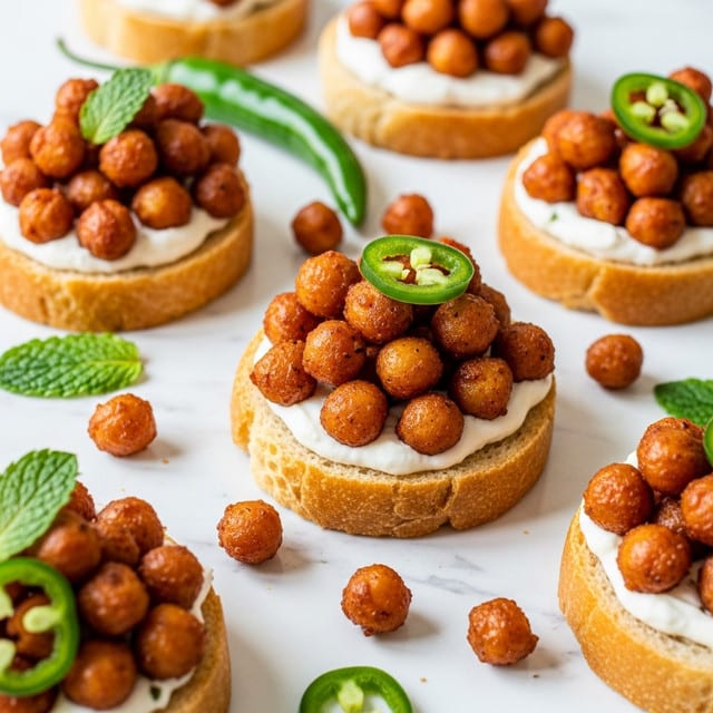 The image shows several small round toasted bread slices arranged closely on a white marbled surface. Each bread slice has a creamy white spread evenly covering the top, followed by a generous layer of golden-brown, crispy chickpeas piled high. Fresh green herb leaves like mint and green chili slices are scattered on and around the chickpeas, adding a pop of color. Some chickpeas have fallen around the bread, creating a casual look. The lighting highlights the crisp texture of the chickpeas and the softness of the bread. photo taken with an iphone --ar 4:5 --v 7