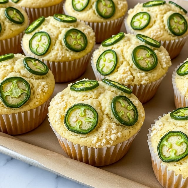 A close-up image showing multiple light yellow cornbread muffins in white paper liners, each topped with thin slices of bright green jalapeño peppers spread on the surface, giving a textured look to the muffins. The muffins have a soft but textured top layer with visible crumb details, arranged closely together in a tray lined with light brown parchment paper; the tray edges are slightly visible, resting on a white marbled surface. The overall scene is warm and inviting, capturing the fresh and spicy feel of the muffins. photo taken with an iphone --ar 4:5 --v 7