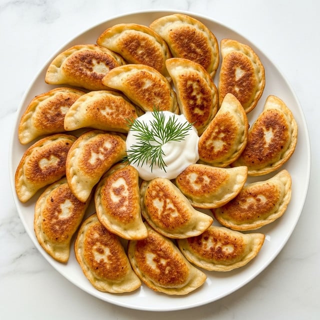 A white plate filled with small golden brown pierogies that have a slightly crispy texture on the edges. They are layered with some caramelized light brown onions scattered around and on top. In the center, there is a dollop of white sour cream with a small green dill sprig placed as garnish. The scene is set on a white marbled surface. photo taken with an iphone --ar 4:5 --v 7