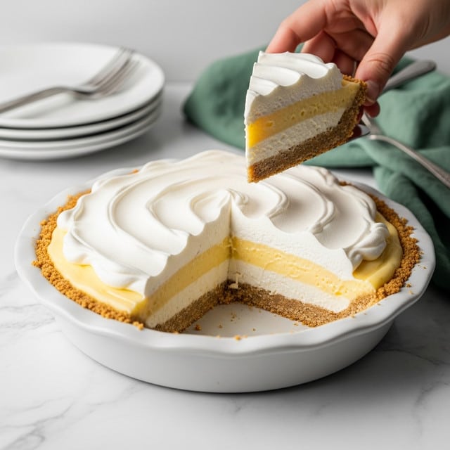 The image shows a pie with three distinct layers in a white pie tin on a white marbled table. The bottom layer is a golden brown crust, firm and slightly crumbly. Above the crust is a thick, smooth yellow filling, with a creamy texture that contrasts with the crust. On top, there is a thick, white whipped topping spread in soft swirls, creating a light and fluffy look. A slice has been taken out, showing the layers clearly, and a woman's hand is holding a piece of the pie. In the background, there are stacked white plates and a green cloth with a silver fork. Photo taken with an iphone --ar 4:5 --v 7