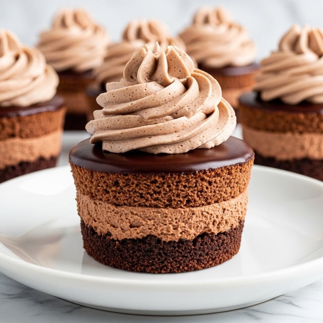 A close-up of a chocolate cupcake on a white plate with a white marbled textured background. The cupcake has three visible layers: the bottom is a crumbly brown cake base, the middle is a thick and airy chocolate mousse with a rough texture, and the top is a smooth, shiny dark chocolate ganache layer. Sitting on top of the ganache is a large swirl of light brown whipped cream with a textured, ridged pattern. In the background, more cupcakes with the same whipped cream topping are slightly blurred. Photo taken with an iphone --ar 4:5 --v 7