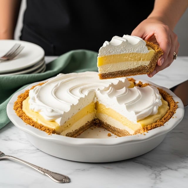 A partially eaten pie with a crumbly, golden-brown crust sits on a white marbled surface. The pie has three clear layers, starting with a thin crust base. The middle layer is a smooth, bright yellow filling, and the top layer is fluffy white meringue with lightly browned peaks that have a soft, swirled texture. A woman's hand is holding a silver pie server under the slice. The pie is in a round silver aluminum pan with a fluted edge. Photo taken with an iphone --ar 4:5 --v 7