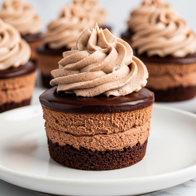 A close-up of a small layered dessert on a white plate with a white marbled texture below it. The dessert has three main layers: a dark brown, glossy chocolate top layer, a thick middle layer of light brown mousse with a fluffy texture, and a crumbly dark brown base layer. On top of the chocolate layer sits a swirl of light beige whipped cream with a textured, slightly rough pattern. In the background, there are blurred similar desserts in white paper cups, and a spoon with some cream rests on the plate beside the dessert. Photo taken with an iphone --ar 4:5 --v 7