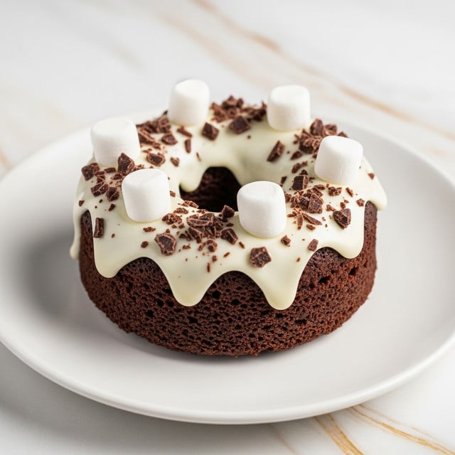 A small round chocolate cake with a hole in the middle sits on a white plate. The cake has a thick, dark brown base layer with a moist texture. On top, there is a smooth layer of glossy white icing that slightly drips over the edges. Scattered on the icing are five white marshmallows evenly spaced around the ring and small pieces of dark chocolate shavings adding texture and contrast. The plate is on a white marbled surface with subtle gold veins. Photo taken with an iphone --ar 4:5 --v 7