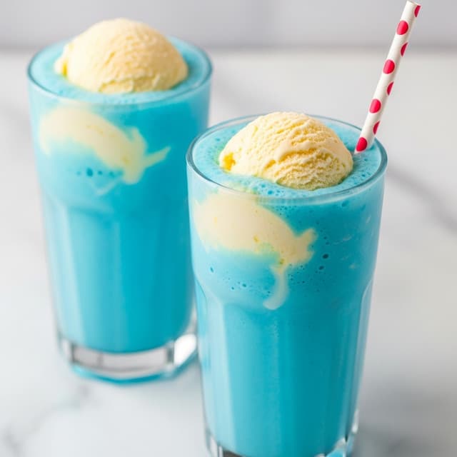 Two clear glasses filled with a bright blue fizzy drink are placed on a white marbled surface. Each glass has a round scoop of white vanilla ice cream floating on top, partially melting into the frothy blue liquid. One glass has a red straw with white polka dots inserted on the right side, and the other glass has the straw barely visible on the top right. The drinks have bubbles around the ice cream, creating a light foam layer that covers the surface. Photo taken with an iphone --ar 4:5 --v 7