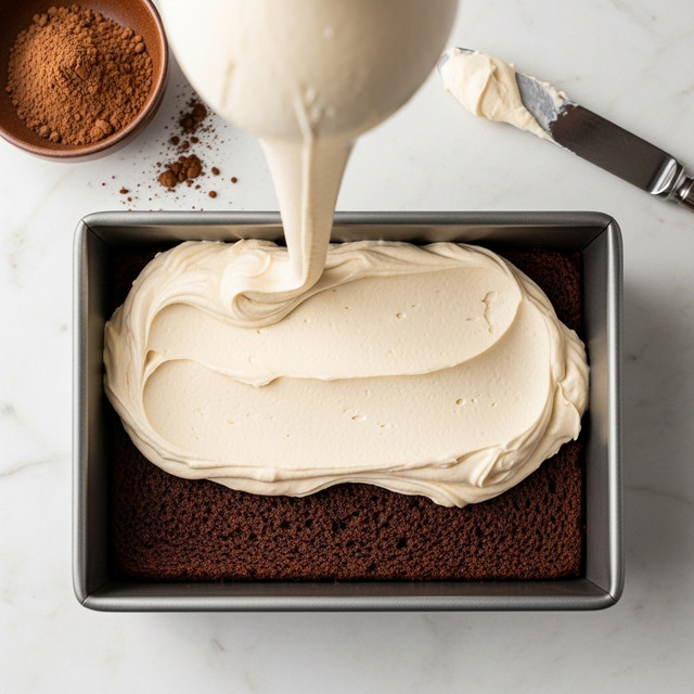 A rectangular metal baking pan holds a single thick layer of dark brown chocolate cake partially covered with a creamy, light beige frosting swirled on one side with visible airy texture. The frosting covers about two-thirds of the cake, leaving one corner of the cake exposed. Next to the pan on a white marbled surface, there is a white bowl with brown cocoa powder and a black-handled spreading knife with some frosting on its blade. The overall scene is lit warmly with clear focus on the cake and frosting texture. Photo taken with an iphone --ar 4:5 --v 7