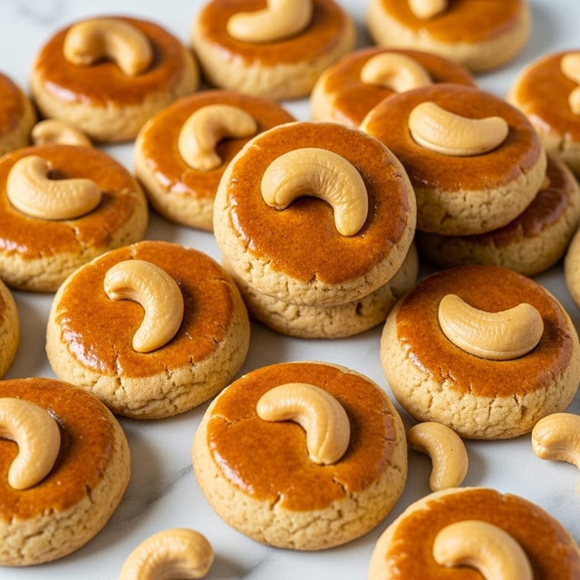 The image shows many small round cookies arranged closely on a white marbled surface. Each cookie has two layers: the base layer is a light brown, slightly crumbly dough, and the top layer is a shiny, golden glaze with a single whole cashew placed perfectly in the center. The cookies have a smooth, glossy finish on top that contrasts with the softer texture of the cookie base. Several loose cashews are scattered around the cookies, adding extra detail. photo taken with an iphone --ar 4:5 --v 7