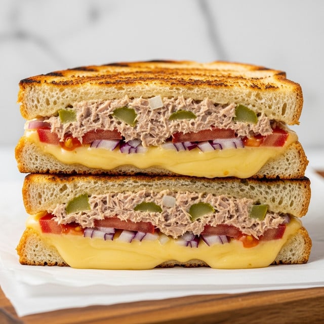 A close-up of a toasted sandwich cut in half, showing three layers inside: the bottom layer is melted light yellow cheese with a creamy texture, the middle layer has chopped bright red tomatoes mixed with finely diced purple onions and green pickles, and the top layer is a thick portion of shredded tuna salad with a creamy mix, all held together by two pieces of golden brown grilled whole-grain bread with visible grill marks on top. The sandwich sits on white paper placed on a wooden surface, with a white marbled background. photo taken with an iphone --ar 4:5 --v 7