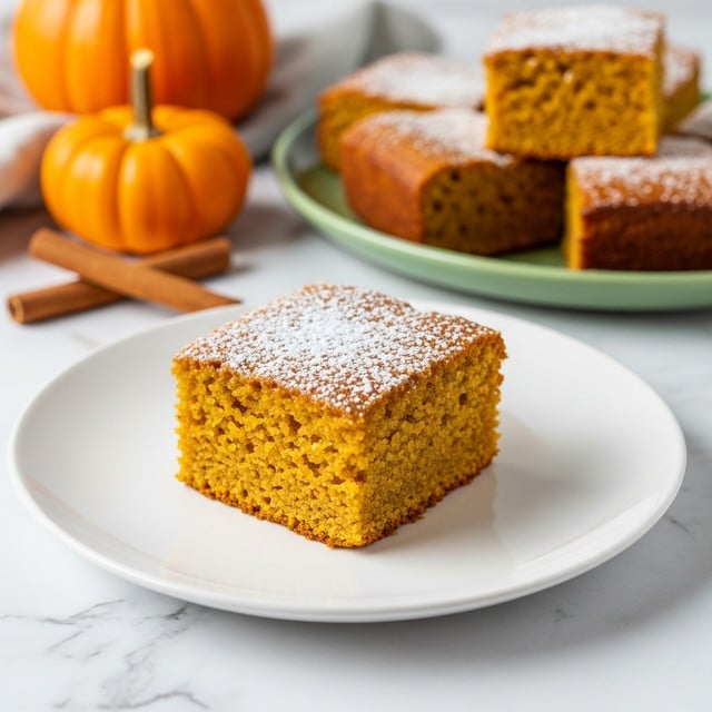 A single square piece of pumpkin cake with a soft, moist orange-brown texture is centered on a white plate. The cake is dusted lightly with powdered sugar on top. In the background, there is a green plate holding more pieces of the same cake, along with a small orange pumpkin and two cinnamon sticks on a white marbled surface. Photo taken with an iphone --ar 4:5 --v 7