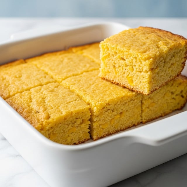 A simple yellow baked dish cut into nine square pieces is placed inside a white square ceramic baking dish with handles on both sides. The top layer is golden yellow with a lightly cracked texture, slightly browned around the edges. One square piece is being lifted slightly out of the dish, showing the soft and moist inside texture, revealing a few small chunks that might be corn. The background is a white marbled texture. photo taken with an iphone --ar 4:5 --v 7