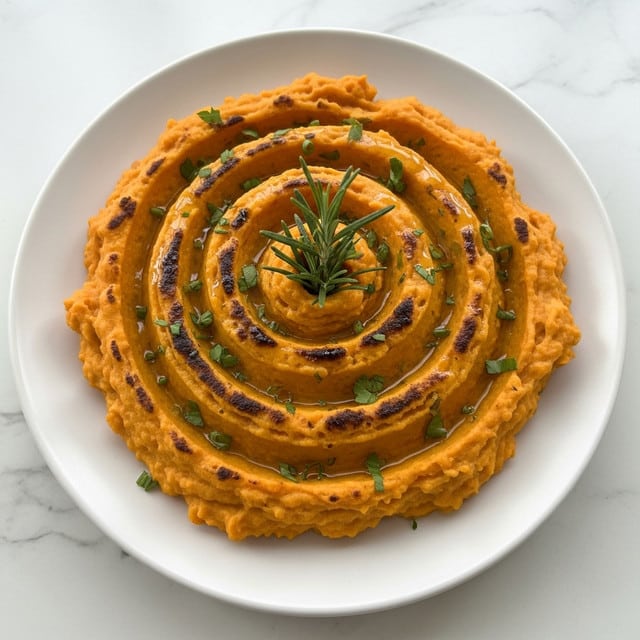 The image shows a white plate filled with mashed orange sweet potatoes shaped in a spiral with raised layers. The top layer has a browned, slightly crispy texture with some charred spots, while the inner layers are smooth and creamy. The dish is garnished with chopped green herbs, a sprig of fresh rosemary in the center, and light golden oil drizzled over the top, giving it a shiny appearance. The plate is placed on a white marbled surface. photo taken with an iphone --ar 4:5 --v 7