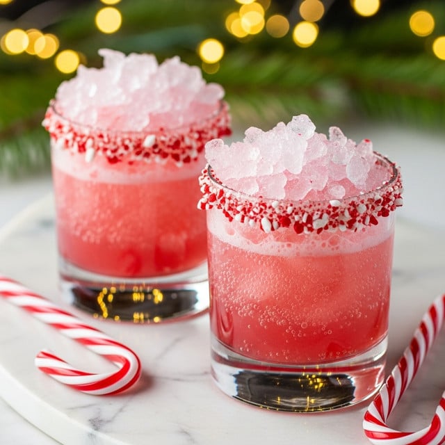 The image shows two short clear glasses filled with a pink fizzy drink. Each glass has a thick layer of crushed ice on top and the rims are coated with crushed red and white peppermint candy. The drink itself has a smooth, slightly cloudy pink color with bubbles throughout. The glasses are placed on a white marbled surface next to red and white striped candy canes. There are blurred warm yellow lights and green pine branches in the background, giving a cozy holiday feel. photo taken with an iphone --ar 4:5 --v 7