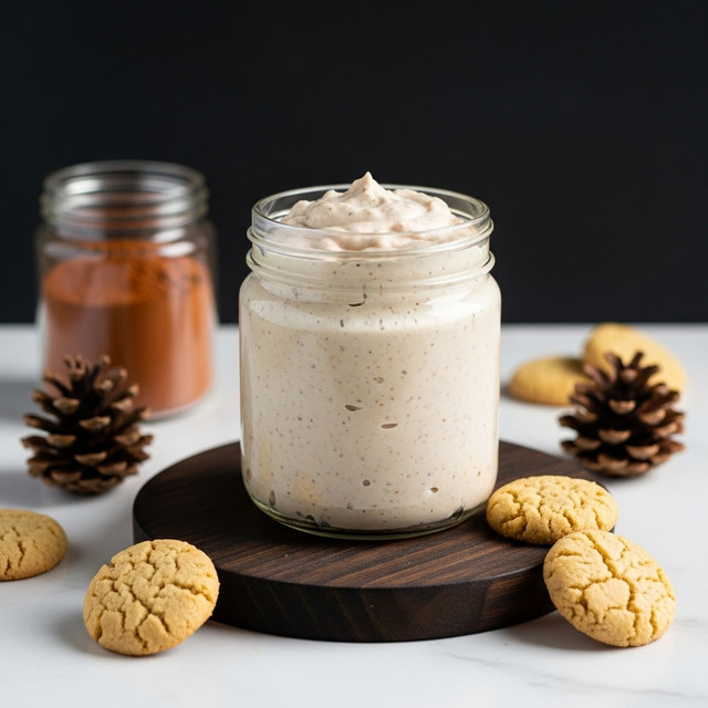 A clear glass jar filled with a creamy, light beige mixture that has tiny darker specks throughout, suggesting a smooth and thick texture. The jar sits on a dark round wooden coaster, surrounded by small golden-brown cookies and pinecones placed on a white marbled surface. In the background, a smaller glass jar containing a reddish-brown powder is slightly out of focus against a dark backdrop. Photo taken with an iphone --ar 4:5 --v 7