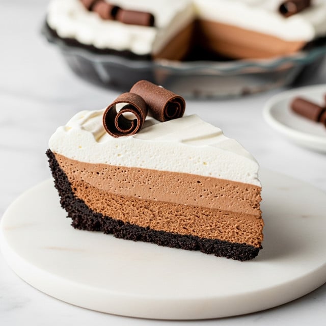 A slice of pie is shown with three clear layers; the bottom layer is a dark, crumbly chocolate crust, thick and coarse in texture. Above it lies a smooth, creamy middle layer of milk chocolate mousse with a soft, rich brown color. The top layer is a fluffy, white whipped cream that looks light and airy, topped with three tight, curled dark chocolate shavings arranged neatly at the center. The slice sits on a round white marble plate, with a matching pie dish blurred in the background on a white marbled surface. photo taken with an iphone --ar 4:5 --v 7