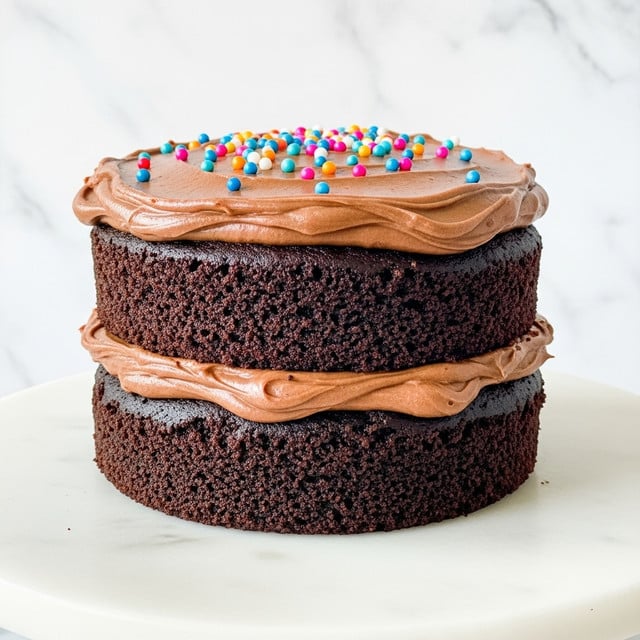 A two-layer chocolate cake sits on a white marble cake stand, covered in smooth, thick chocolate frosting with a glossy texture. The middle layer shows a thick spread of the same chocolate frosting between the two dark, moist cake layers. The top of the cake is sprinkled with colorful rainbow confetti sprinkles that add a bright contrast to the rich brown frosting. The background is a subtle creamy beige, and there are a few cake crumbs on the white marble surface around the cake. photo taken with an iphone --ar 4:5 --v 7