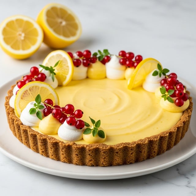 A tart with three main layers sits on a white plate over a white marbled surface; the bottom layer is a thick, golden-brown crumbly crust with ridged edges, the middle layer is a smooth, bright yellow lemon filling that fills the tart nearly to the top edge, and the top layer is decorated with thin lemon slices placed around the border, small dollops of white whipped cream, clusters of shiny red currants, and sprigs of green herbs scattered delicately on and around the fruit. In the background, two lemon halves rest on the white marbled surface. Photo taken with an iphone --ar 4:5 --v 7