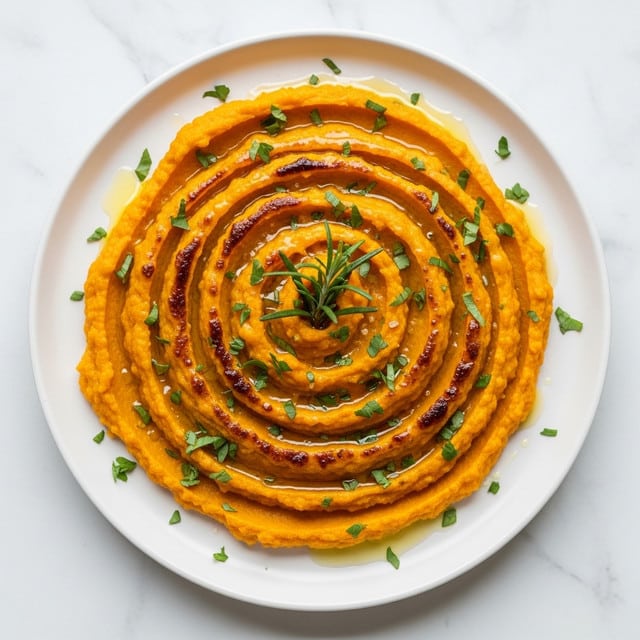 A round white plate holds layers of bright orange mashed pumpkin arranged in a spiral shape, with each layer having a smooth but lightly textured surface. The top of the spiral is browned in spots, showing caramelized, slightly crispy patches. Fresh green herbs are sprinkled all over the dish, adding a touch of color contrast. A sprig of rosemary sits in the center, and a light drizzle of oil or melted butter creates a shiny effect on the surface. The plate is placed on a white marbled background. photo taken with an iphone --ar 4:5 --v 7