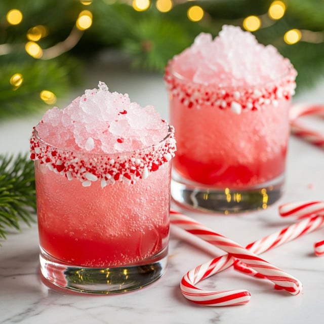 Two short clear glasses are filled with a light pink drink and crushed ice on top. The rims of the glasses are coated with red and white crushed peppermint candy pieces. Each glass shows bubbles in the liquid, indicating it is fizzy. The glasses sit on a white marbled surface with a white cloth and red-and-white striped candy canes around them. In the background, blurred green pine branches and warm yellow lights add a festive feel. Photo taken with an iphone --ar 4:5 --v 7